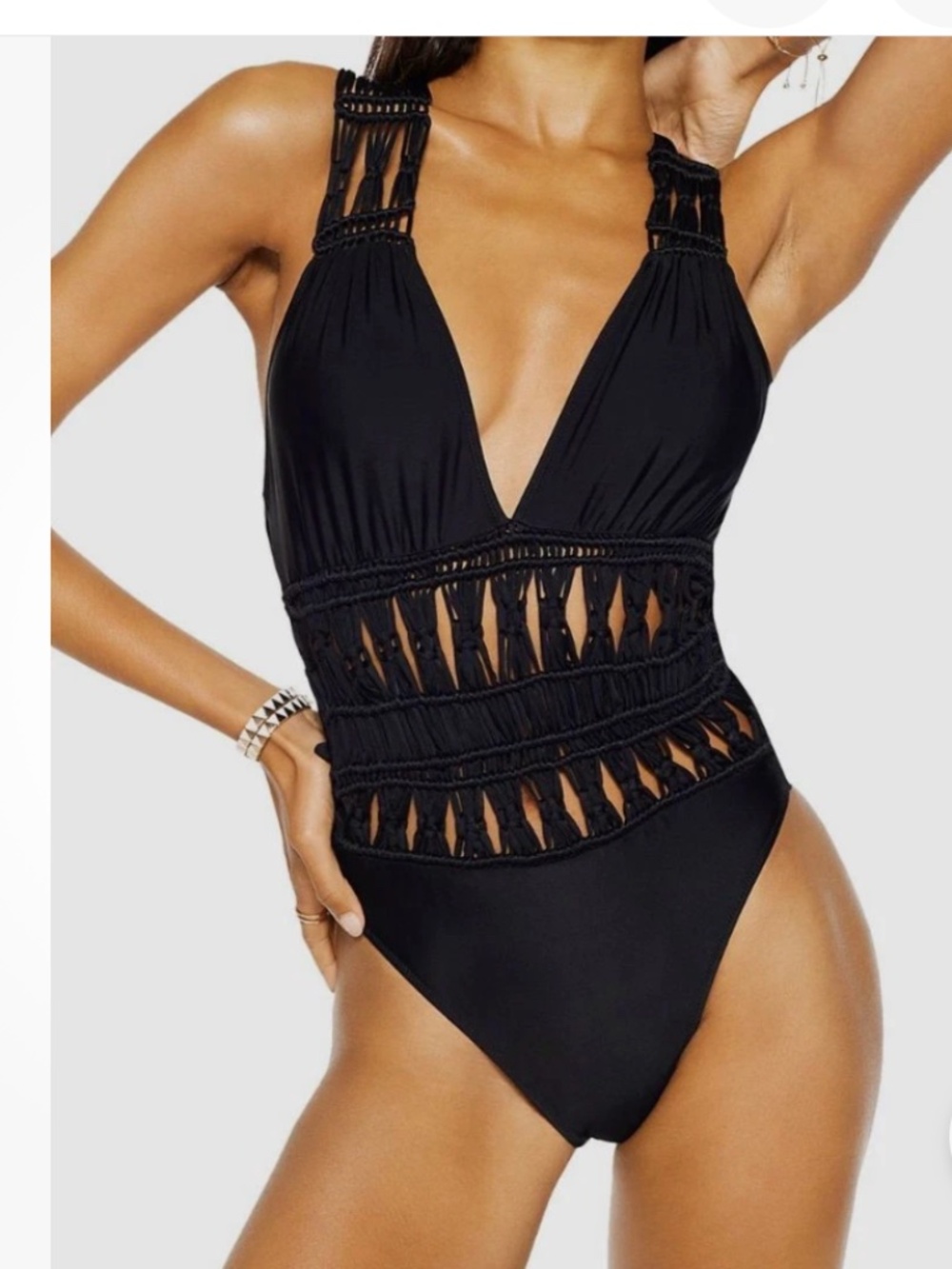 Ramy Brook Chiara One-Piece Crochet Swimsuit Black Large Beach Resortwear Summer